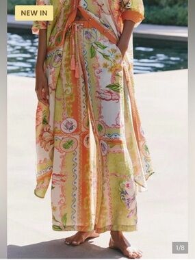 Anthropologie Wide-Leg Printed Palazzo Pants in White, Orange, Yellow